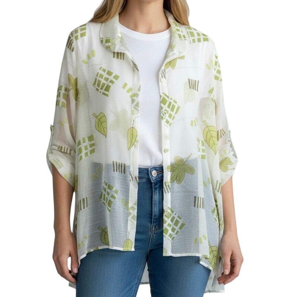 IC By Connie K XL LINEN White Green Wearable Art to Wear Artsy Blouse Shirt Top